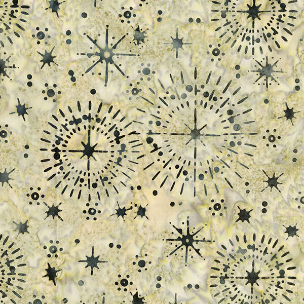 A mottled light-lemongrass fabric with black stars and starbursts.