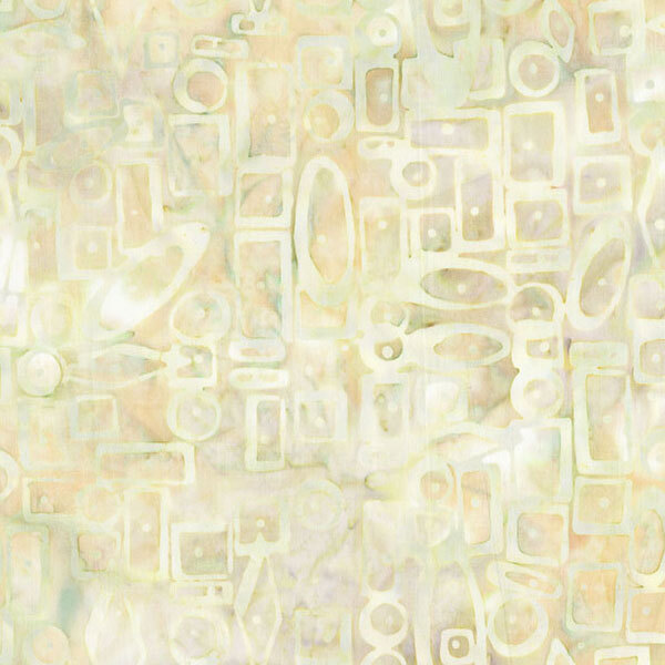 A mottled cream fabric overlayed with circles, rectangles, and diamonds. 