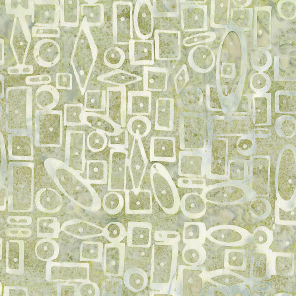A mottled pear green fabric overlayed with white rectangles, ovals, and diamonds. 