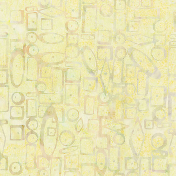 A mottled pale yellow fabric overlayed with squares, circles, and diamonds.