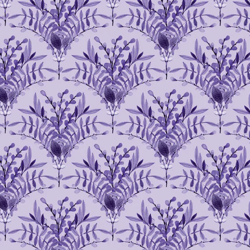 Purple florals and leaves on top of a heather purple fabric in a scallop pattern.