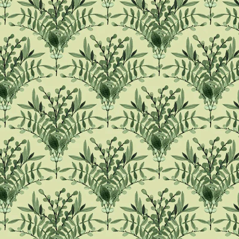 Green florals and leaves on top of a sage fabric in a scallop pattern.