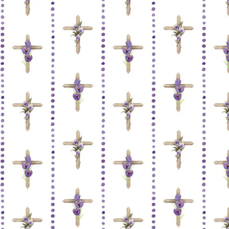 Ivory fabric with rows of purple dots separating half-dropped crosses topped with purple florals.
