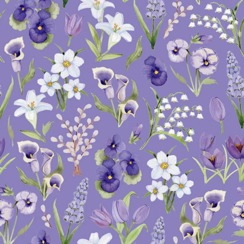 Wisteria fabric packed with a medley of purple and white flowers.