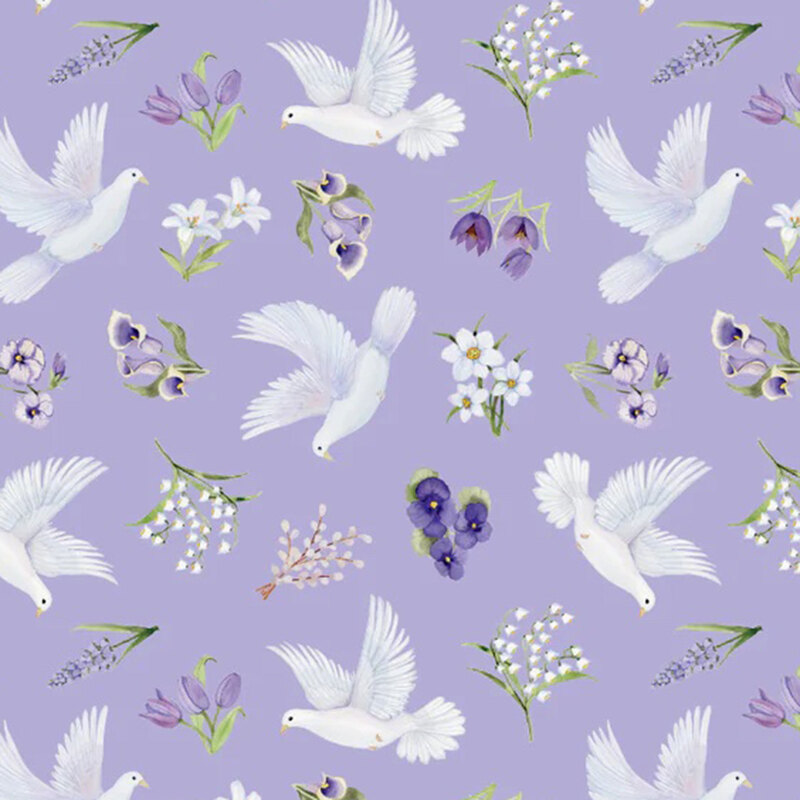 Heather purple fabric tossed with various florals and doves.