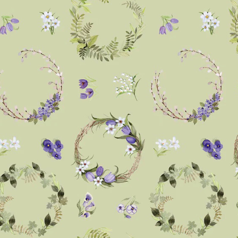Sage fabric scattered with wreath crowns and purple-white florals.