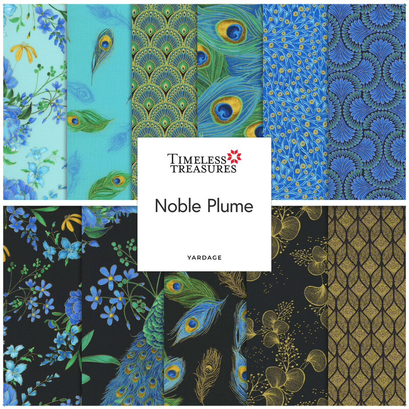 Square collage of metallic fabrics from the Noble Plume collection featuring florals, peacock, and geometric prints.