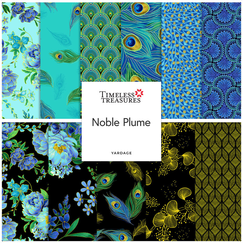Square collage of metallic fabrics from the Noble Plume collection featuring florals, peacock, and geometric prints.