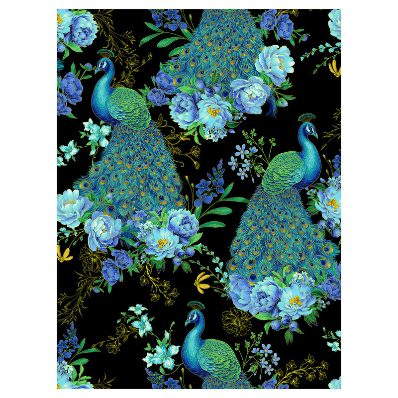 repeating print of peacocks with mixed florals and metallic gold accents