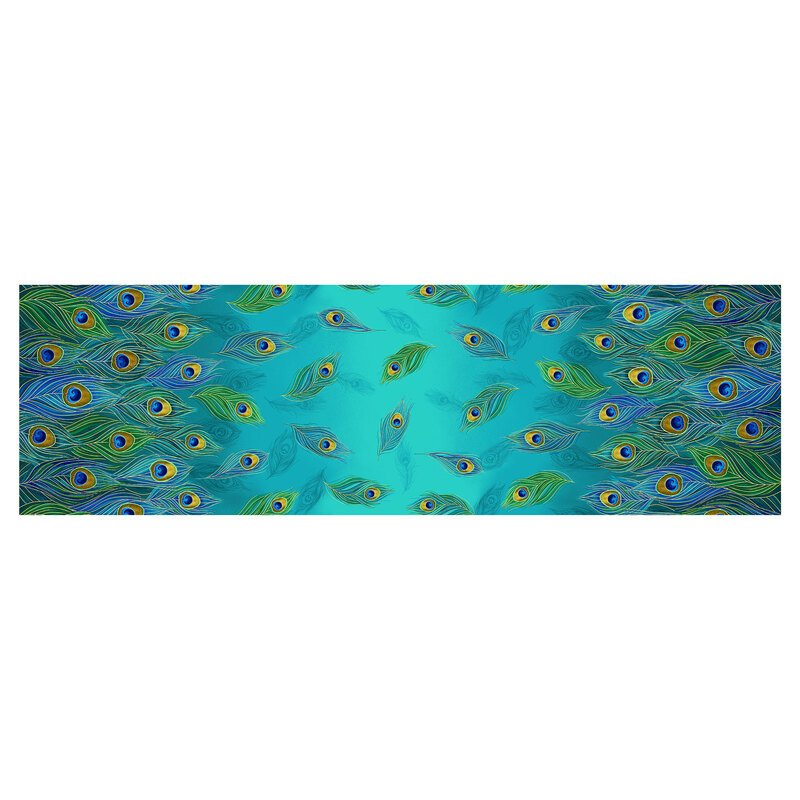 Aqua and teal ombre print featuring drifting peacock feathers with gold metallic accents
