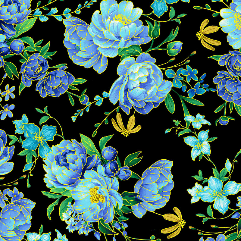 bright blue and periwinkle florals with green leaves and golden accents on a black background.