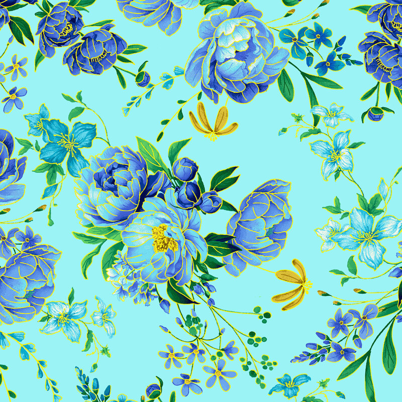 bright blue and periwinkle florals with green leaves and golden accents on a bright sky blue background.