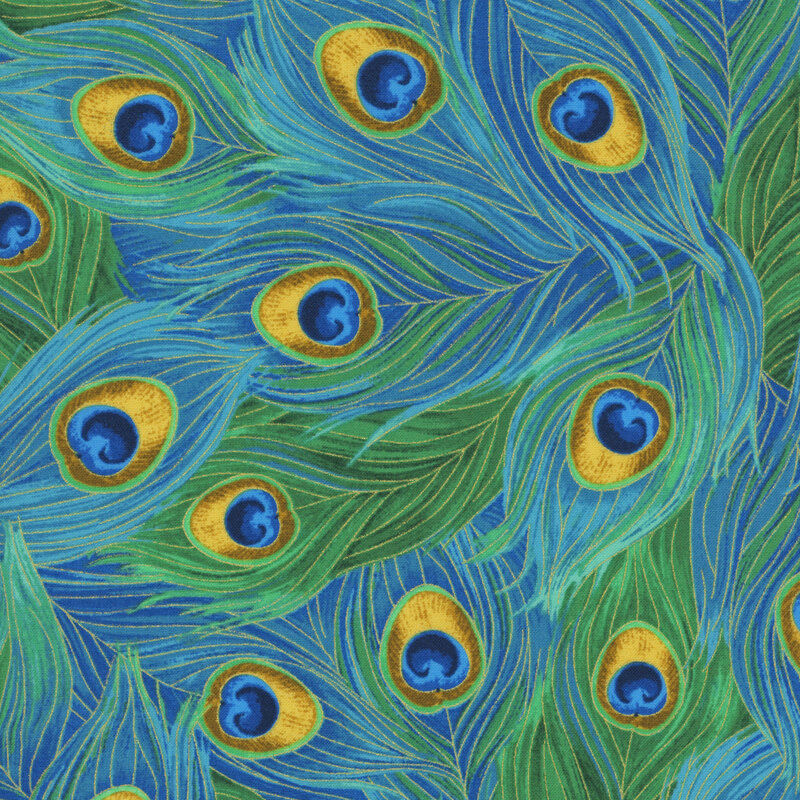 packed peacock feathers in shades of teal, sapphire, and emerald with gold metallic accents.