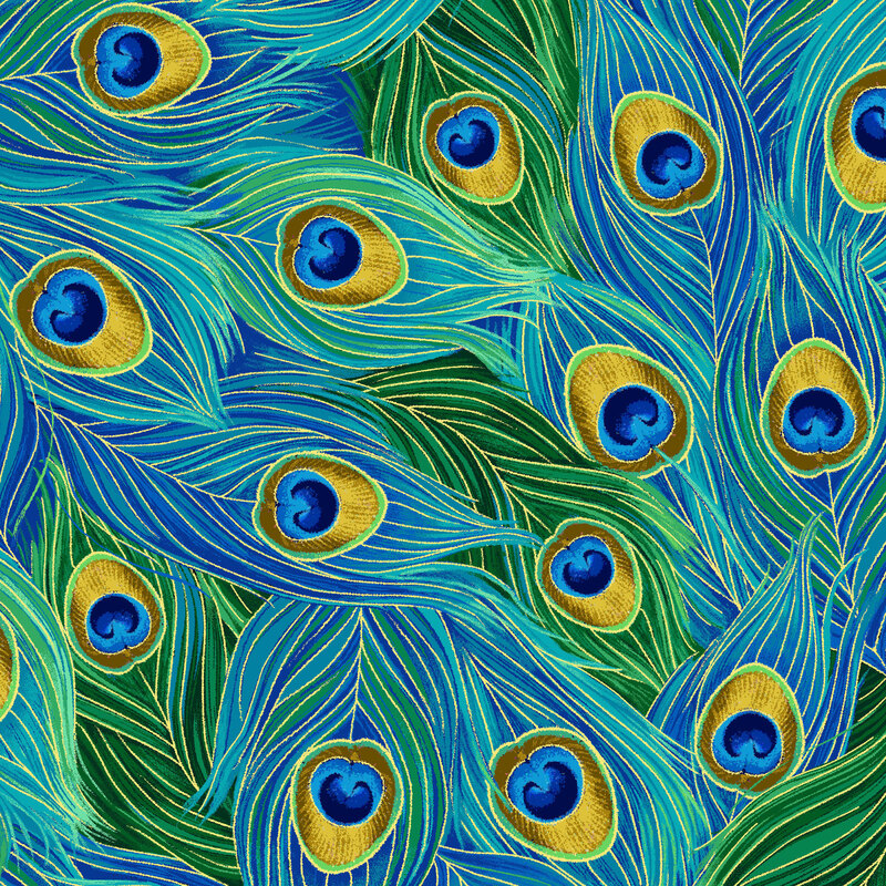 packed peacock feathers in shades of teal, sapphire, and emerald with gold metallic accents.