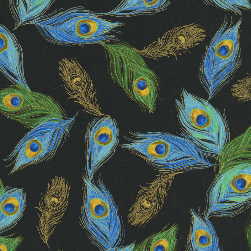 teal, sapphire, emerald, and gold peacock feathers tossed on a black background with gold metallic accents.