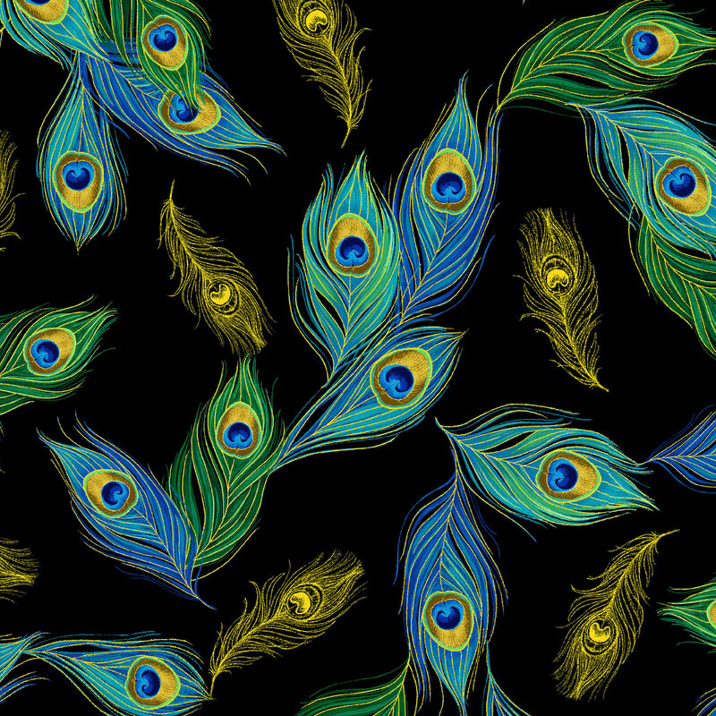 teal, sapphire, emerald, and gold peacock feathers tossed on a black background with gold metallic accents.