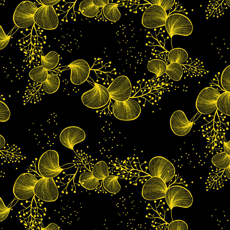golden metallic fanned leaves and berry sprigs on a jet black background.