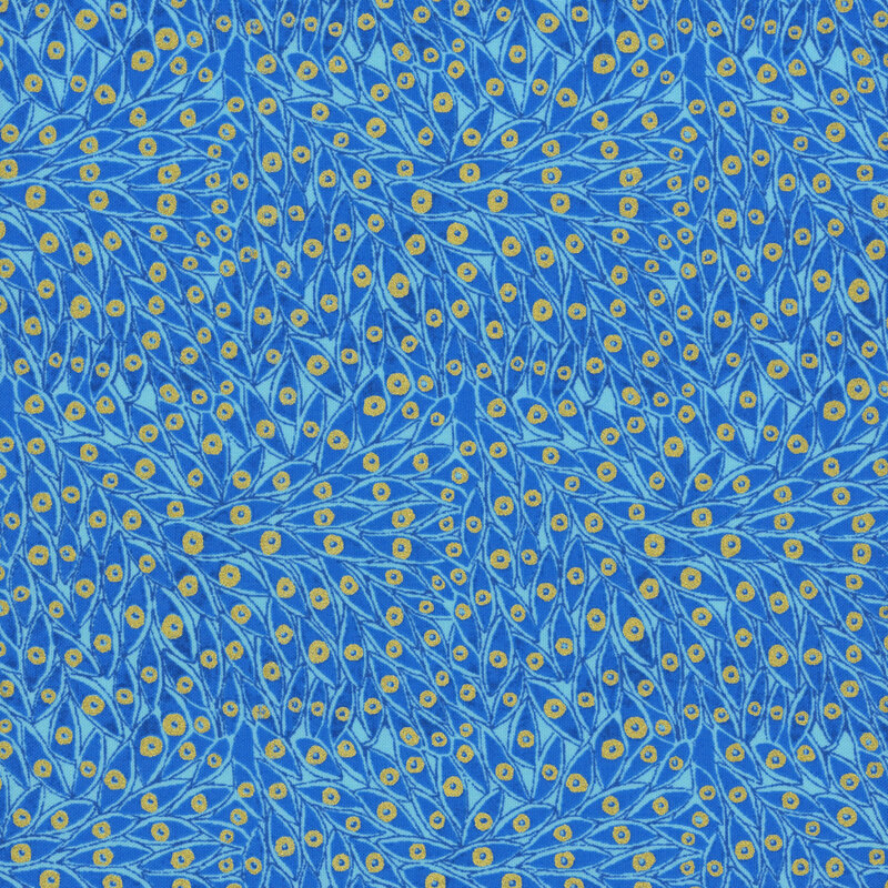 stylized peacock feathers in shades of cobalt, bright sky blue, and pale orange