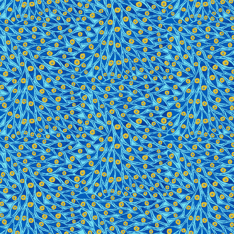stylized peacock feathers in shades of cobalt, bright sky blue, and pale orange