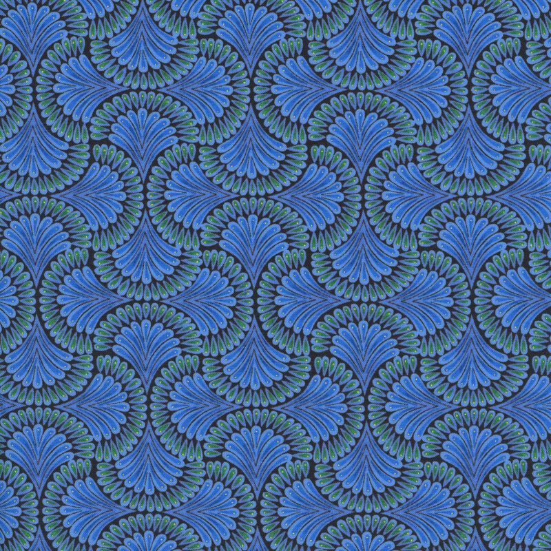 ornate scalloped fanned pattern in shades of deep blue, royal blue, and emerald, with gold metallic accents