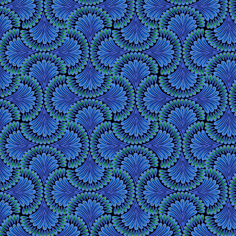 ornate scalloped fanned pattern in shades of deep blue, royal blue, and emerald, with gold metallic accents