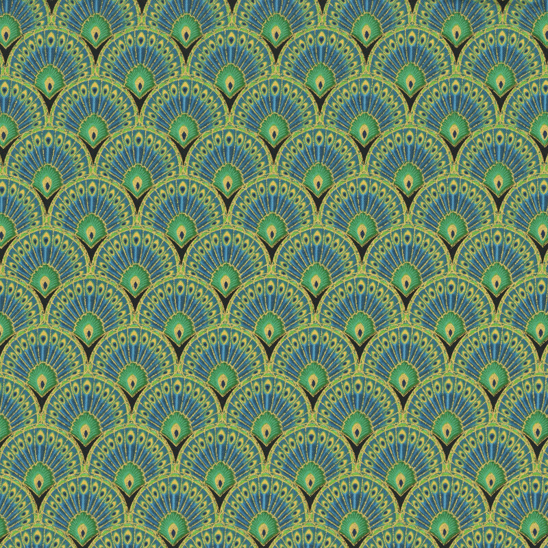repeating pattern of stylized peacock feathers fanned out in vivid blue, teal, and green hues with gold accents on a rich black background.