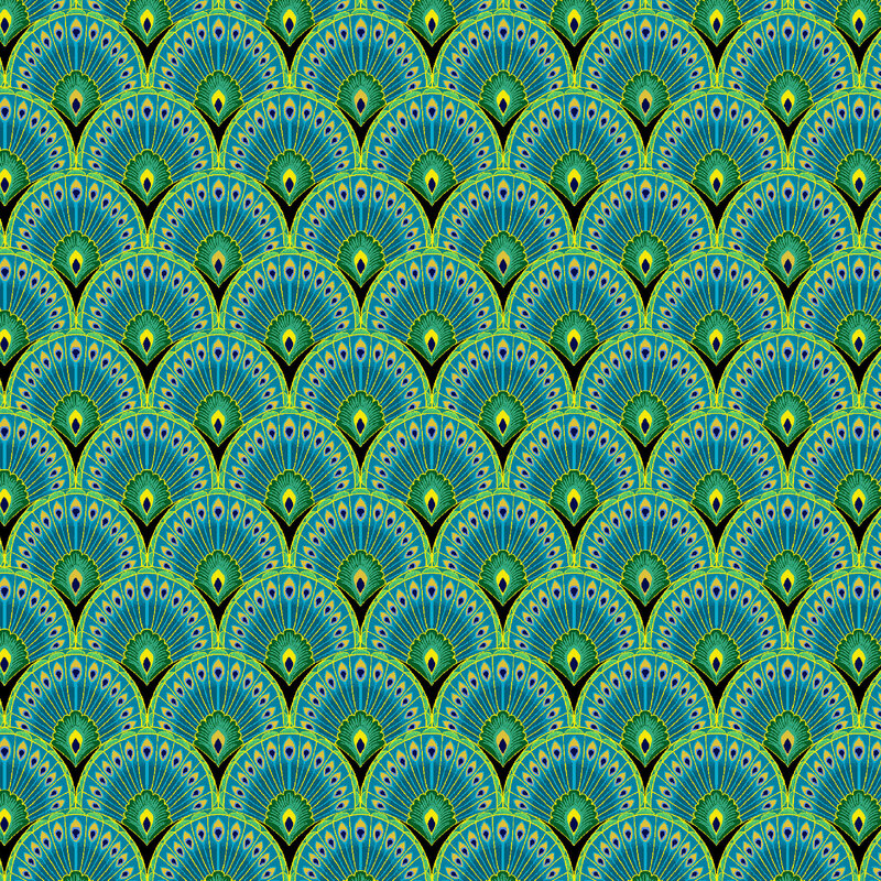 repeating pattern of stylized peacock feathers fanned out in vivid blue, teal, and green hues with gold accents on a rich black background.