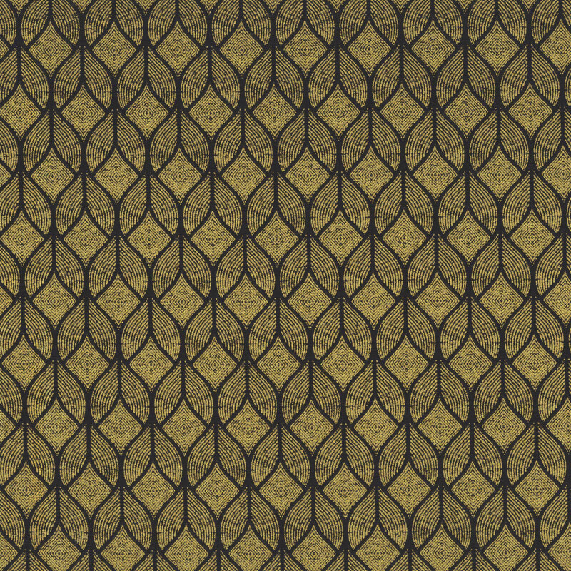 ornate pattern of elongated leaves in a golden metallic finish on a rich black background.