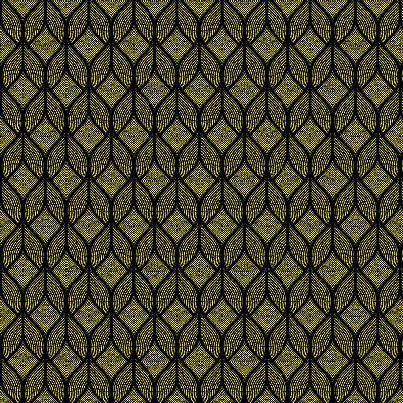 ornate pattern of elongated leaves in a golden metallic finish on a rich black background.