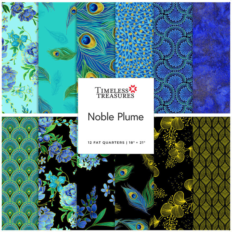 Square collage of metallic fabrics from the Noble Plume collection featuring florals, peacock, and geometric prints.