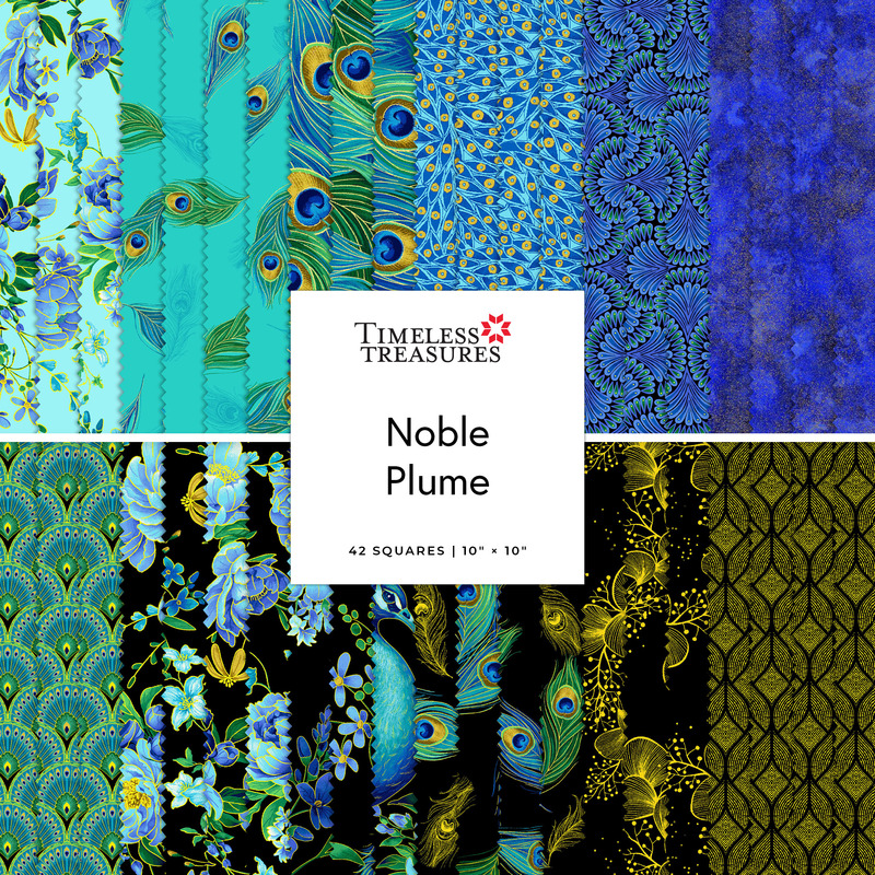 Square collage of metallic fabrics from the Noble Plume collection featuring florals, peacock, and geometric prints.