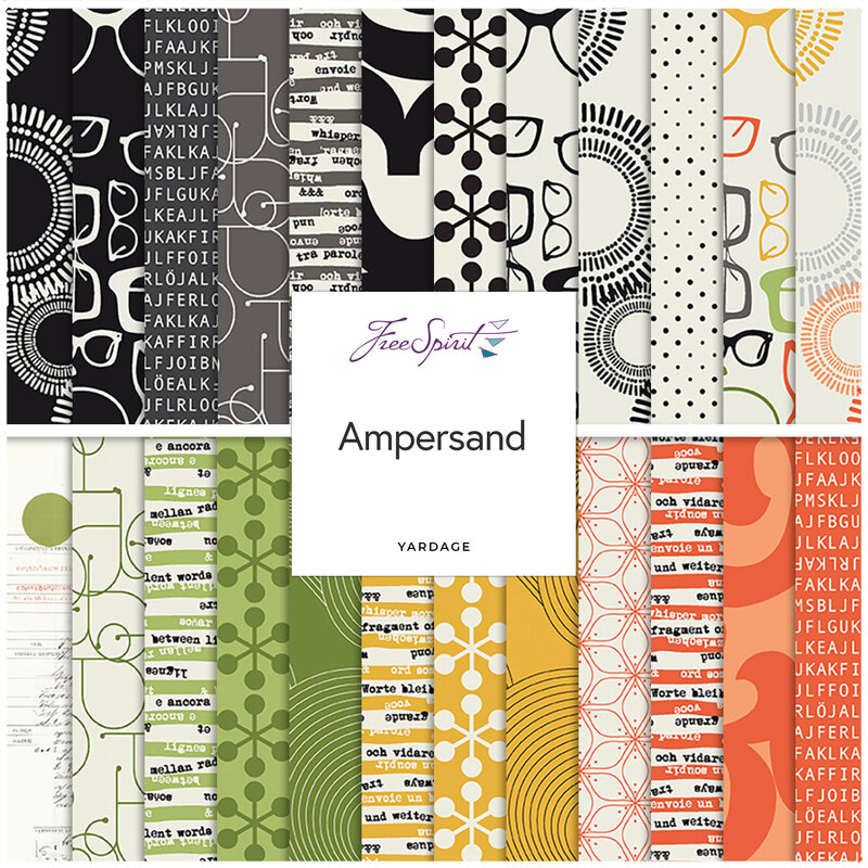 Contemporary designed fabric collection with ampersand motifs and balanced negative space.