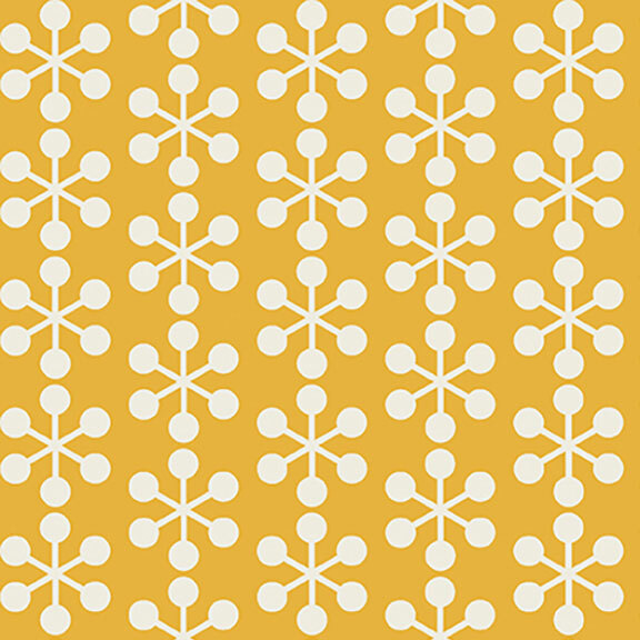 Yellow fabric with a half-drop pattern and modern white asterisk design.