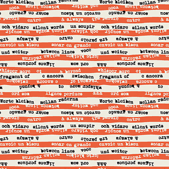 Lava orange fabric full of words with stripes of off-white.