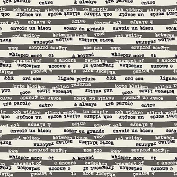 Gray fabric with off-white natural stripes filled with phrases.