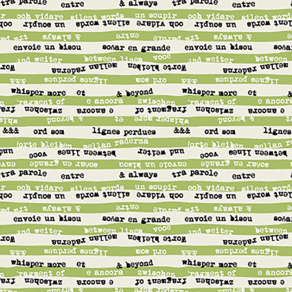 Olive green fabric full of words with stripes of off-white.