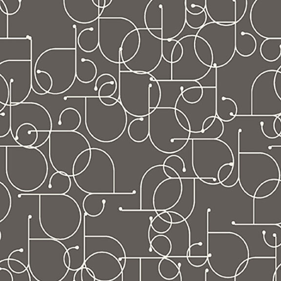 Gray fabric with lines of off-white letters and symbols spread horizontally across the fabric.