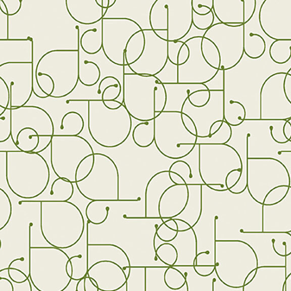 Off-white fabric with lines of green letters and symbols spread horizontally across the fabric.