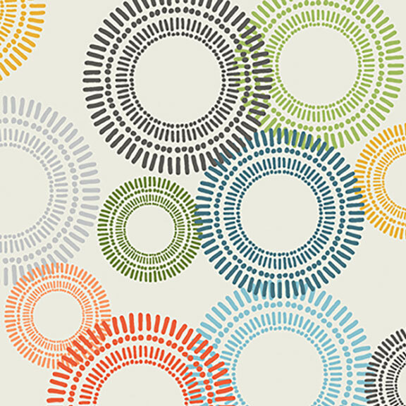 Blooming circles of varying sizes and colors scattered across an off-white fabric.