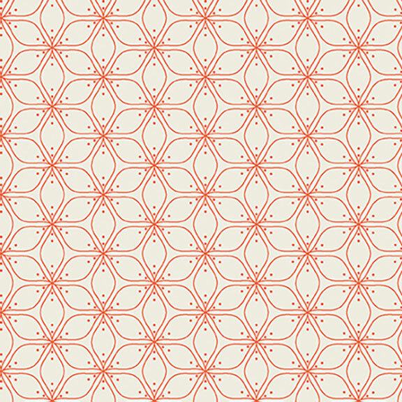Repeating orange flower petal motif laid on top of an off-white fabric.
