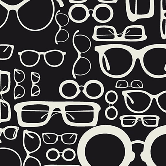 Onyx black fabric with an assortment of off-white illustrated glasses.