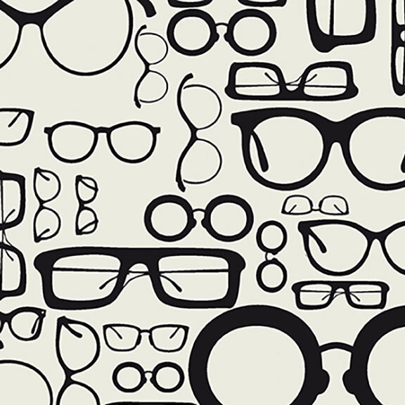 Off-white fabric with an assortment of black illustrated glasses.