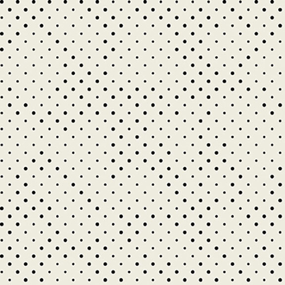 Off-white fabric with an even spacing of varying sizes of black dots.
