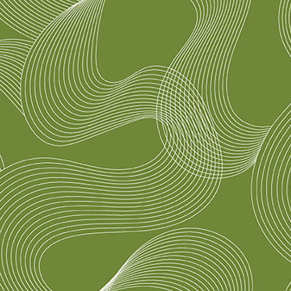 Olive green fabric featuring flowing groups of overlapping off-white lines.