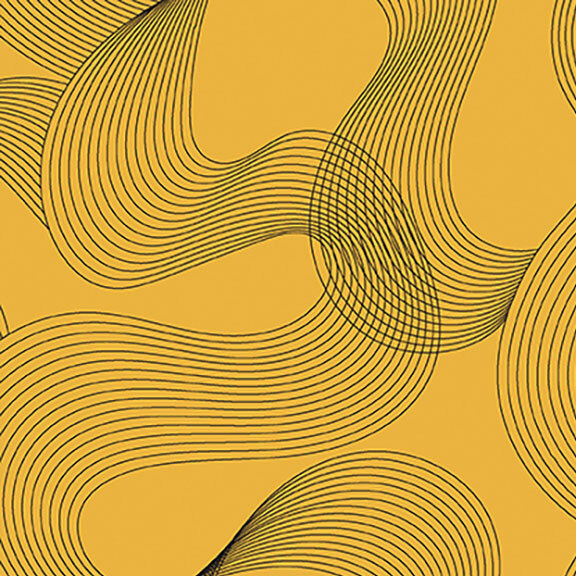 Yellow fabric featuring groups of flowing overlapping lines.