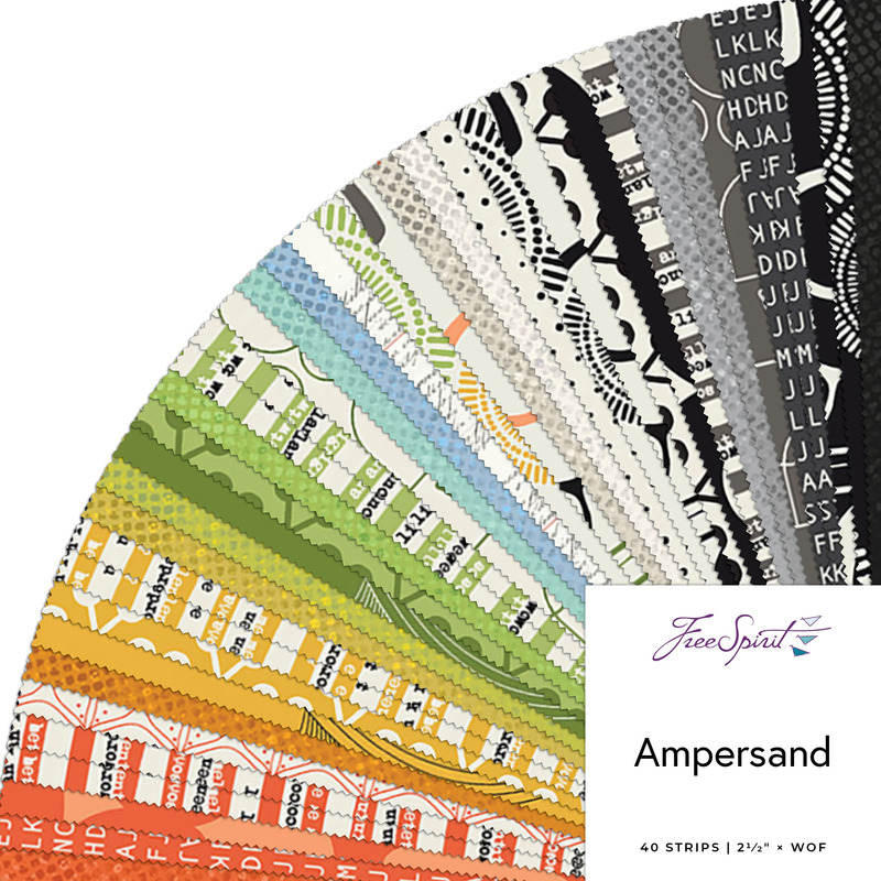 Collage of the 2.5" strip roll charm pack from the Ampersand for FreeSpirit collection.