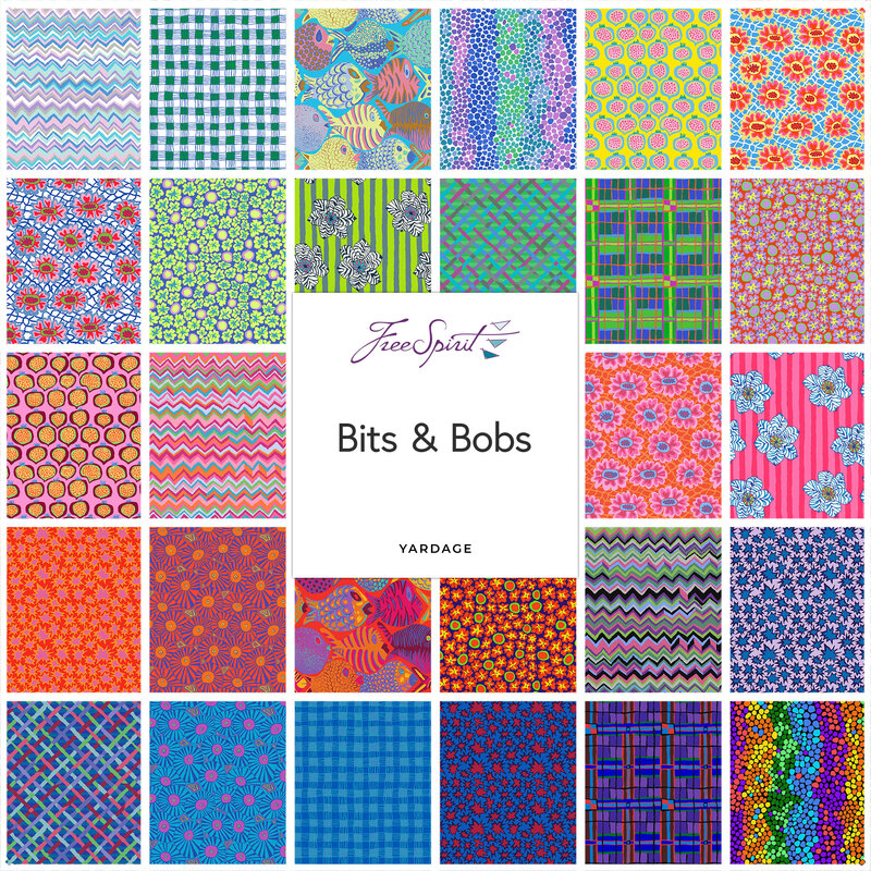 Collage of the available yardage fabrics from the bright, modern designs of Bits & Bobs fabric collection.