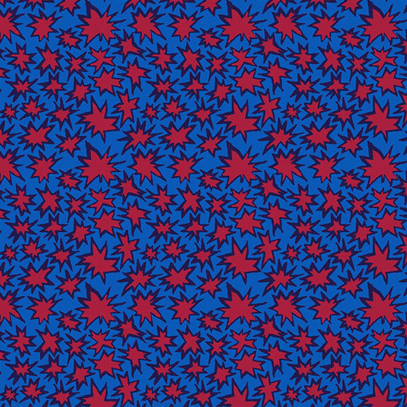 Lapis blue fabric with stylized comic-style crimson blasts across the whole fabric.