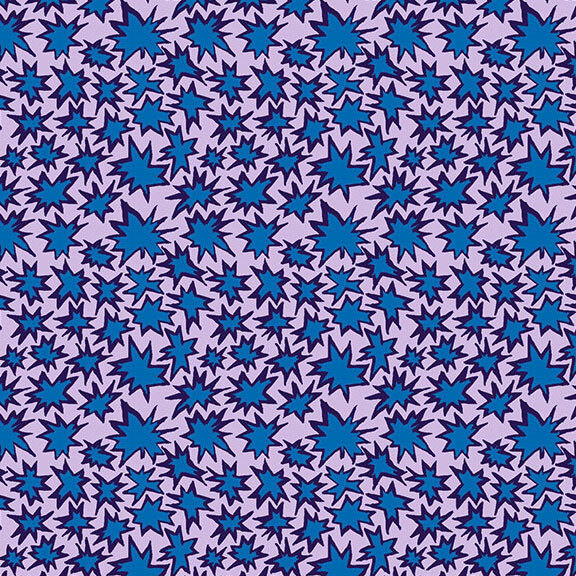 Lilac fabric with stylized comic-style lapis blasts across the whole fabric.