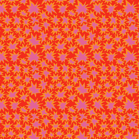 Red-orange fabric with stylized comic-style passion purple blasts across the whole fabric.